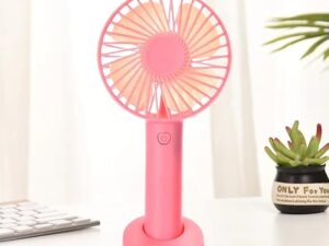 Mini Portable USB Hand Fan – 1200mAh Rechargeable Battery, 3-Speed Mode, Up to 3 Hours Usage, High-Speed Cooling Fan with Stand for Home, Office & Travel (Pink)