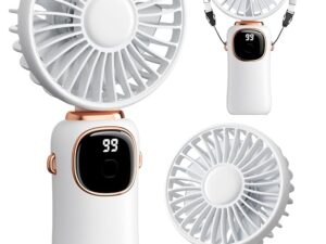 Portable Handheld Fan, 4000mAh Battery Operated 3 in 1 Multifunction Personal Travel Fan with Digital Display, 90° Foldable Desk Fan with Base, 5 Speed Lash Fan for Makeup/Office (White)