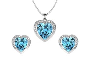 925 Sterling Silver Sky Blue Heart Pendant Earring Chain Jewellery Set | Rhodium Plated, Swiss Zirconia | Gift for Women & Girls
