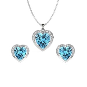 925 Sterling Silver Sky Blue Heart Pendant Earring Chain Jewellery Set | Rhodium Plated, Swiss Zirconia | Gift for Women & Girls