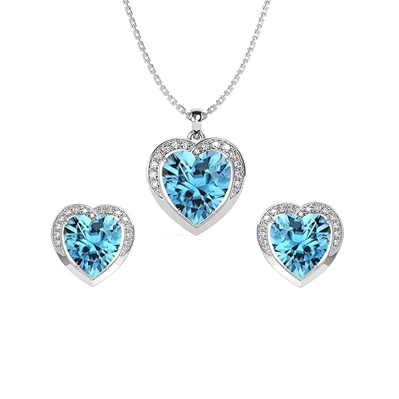 925 Sterling Silver Sky Blue Heart Pendant Earring Chain Jewellery Set | Rhodium Plated, Swiss Zirconia | Gift for Women & Girls
