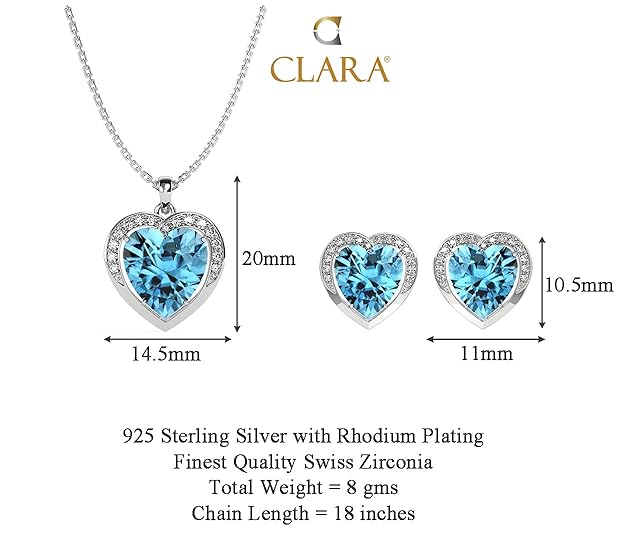 925 Sterling Silver Sky Blue Heart Pendant Earring Chain Jewellery Set | Rhodium Plated, Swiss Zirconia | Gift for Women & Girls