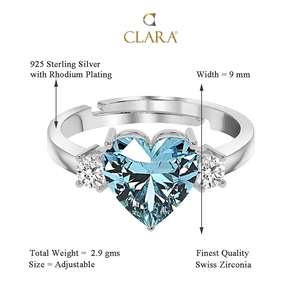925 Sterling Silver Heart Stone Ring with Adjustable Band | Gift for Women Wife Girls