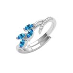925 Sterling Silver Tonje Curved Blue Leaf Finger Ring | Swiss Zircon Platinum Plated | Size Adjustable | Gift for Women Girls Wife Girlfriend