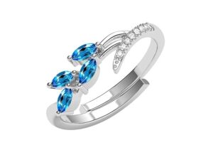 925 Sterling Silver Tonje Curved Blue Leaf Finger Ring | Swiss Zircon Platinum Plated | Size Adjustable | Gift for Women Girls Wife Girlfriend